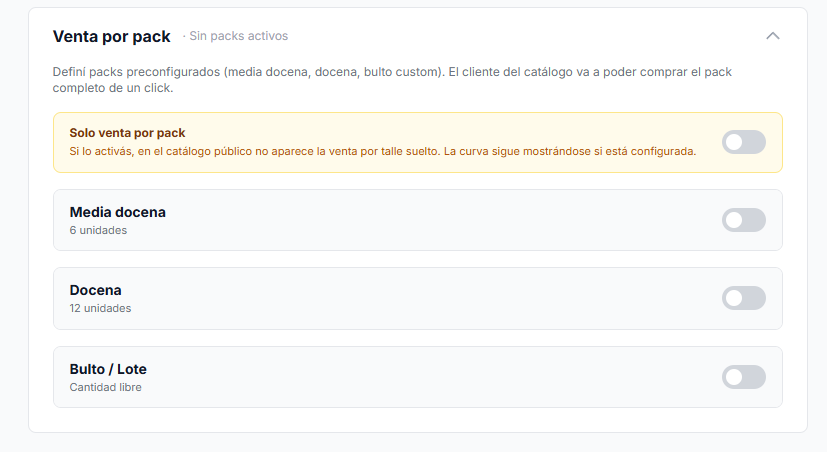Venta por packs y curvas completas en ProCurva